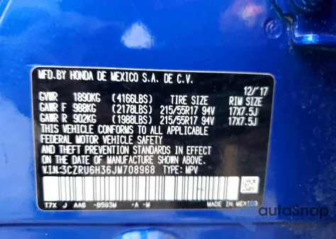 2018 Honda Hr-V Lx из США, поврежденный, VIN 3CZRU6H36JM708968